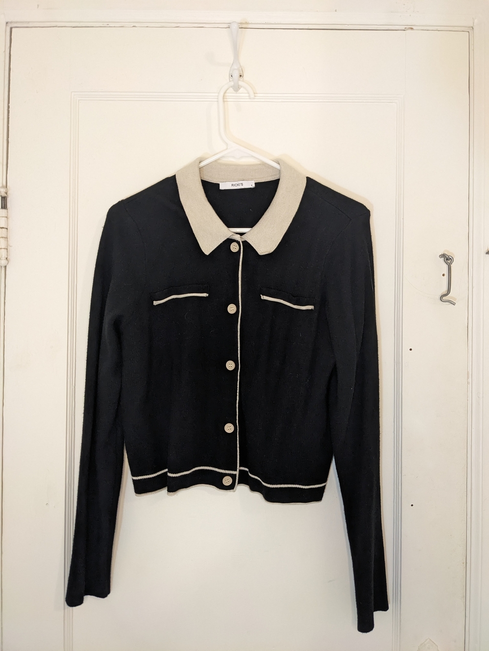 Ricki's Black Cardigan with Cream Contrast Collar and Trim